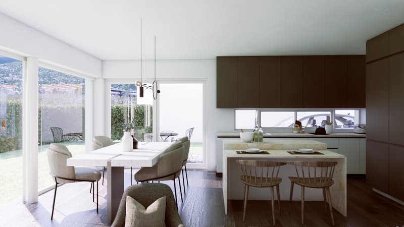 The image shows an open concept living room and kitchen area with large windows providing a view of the outdoors. The kitchen features dark brown cabinets and a white countertop, with a dining table and chairs in the living room area. The living room also