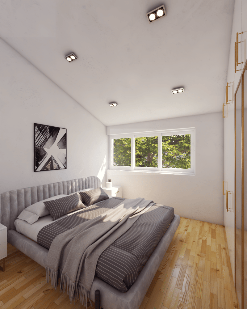 Spacious bedroom with large windows overlooking greenery, grey upholstered bed, hardwood flooring, and recessed lighting fixtures on the ceiling.