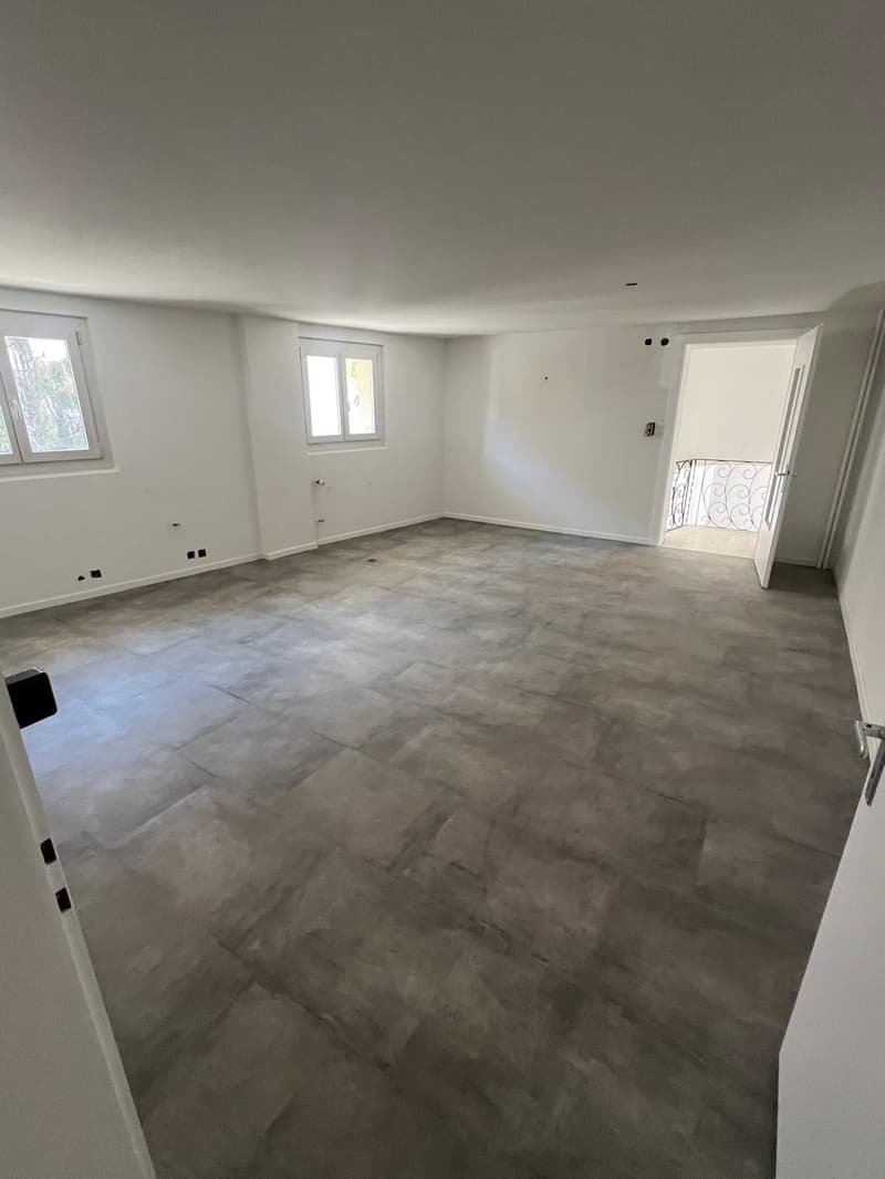 Large open space with white walls, concrete-style flooring, and a doorway leading to another room.
