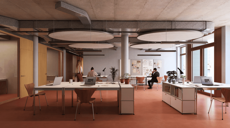 open space, work desks, chairs, laptops, plants, modern lighting, glass windows