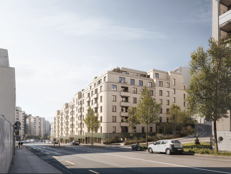Residential building, multiple floors, numerous windows, balconies on each floor
