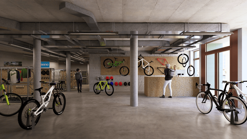 Many bikes, rack for bicycles, counter, glass doors, shelves with bicycle accessories, lamps