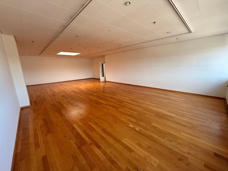 Large open space with hardwood flooring, recessed lighting in the ceiling, and white walls. The room appears to be empty and ready for use.