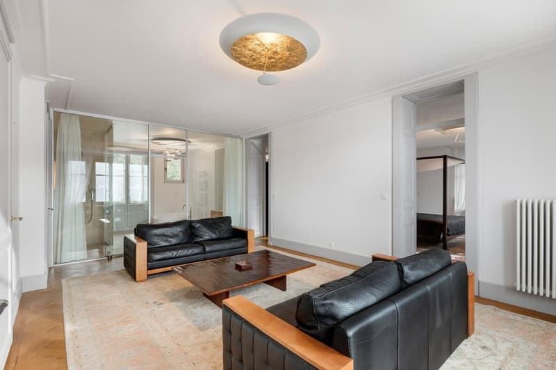 modern black leather couch, wooden coffee table, elegant white ceiling lamp, white walls, glass doors, wooden floor