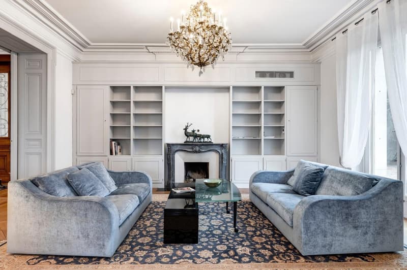 modern style living room, 2 couches, fireplace, glass table, chandelier, shelves, carpet