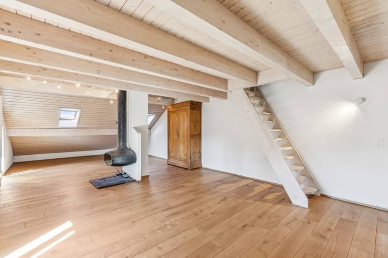Les vastes combles aménagés, avec cheminée design et une mezzanine