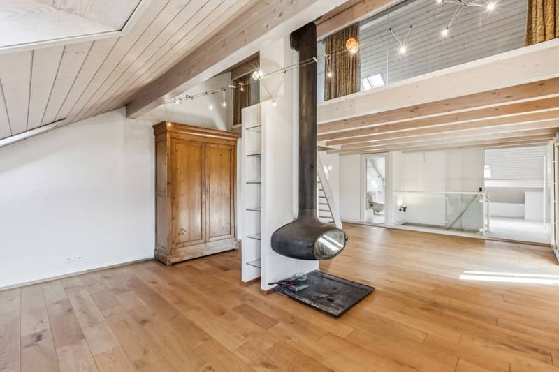 Les vastes combles aménagés, avec cheminée design et une mezzanine