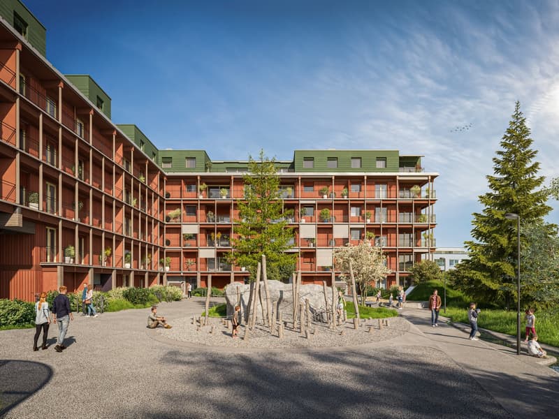 red bricks building, multiple floors, balconies, large garden area, playground, street view