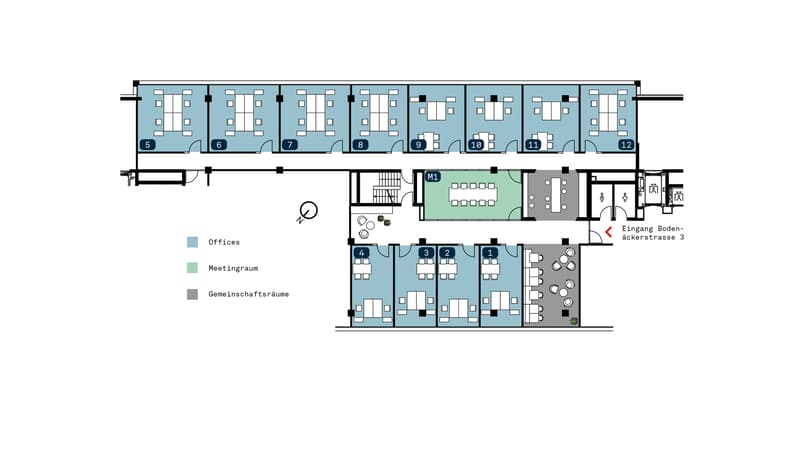 Übersichtsplan - 12 Offices / 1 Meetingraum / ästhetische Gemeinschaftsräume