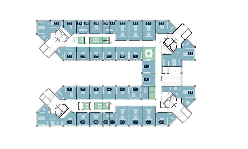 Übersichtsplan: blaue Flächen &61; Offices | grün &61; Meetingräume
