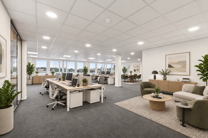 Open-Space-Büro mit Loungebereich virtuell möbliert