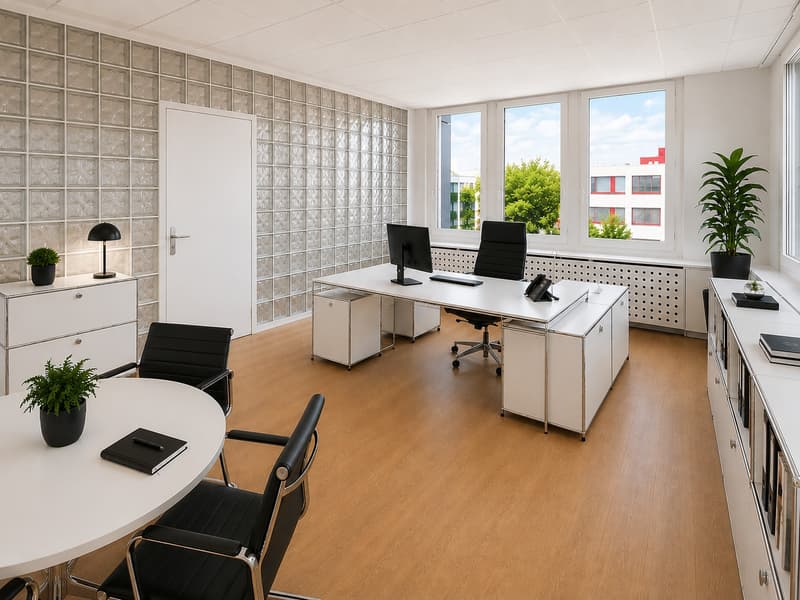 Chefbüro mit Glasbaustein-Wand und virtueller Möblierung und Auffrischung