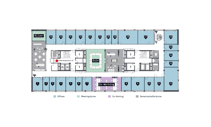 Übersichtsplan - 26 Offices / 2 Meetingräume / 12 Co-Working Arbeitsplätze / ästhetische Gemeinschaftsräume