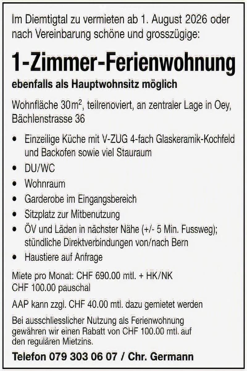 Grosszügige 1-Zimmer Ferienwohnung / Studio im Diemtigtal (1)