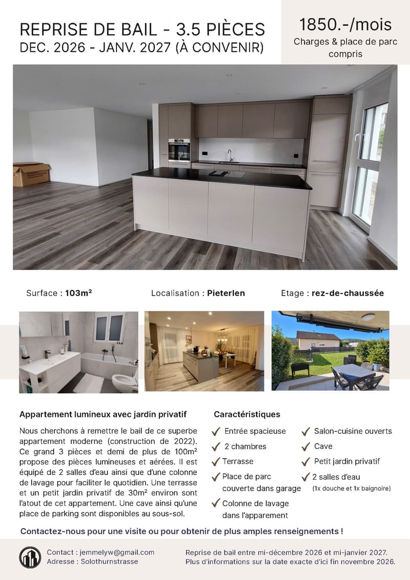 3.5 pièces / Reprise de bail pour mi-décembre/mi-janvier 27 (1)