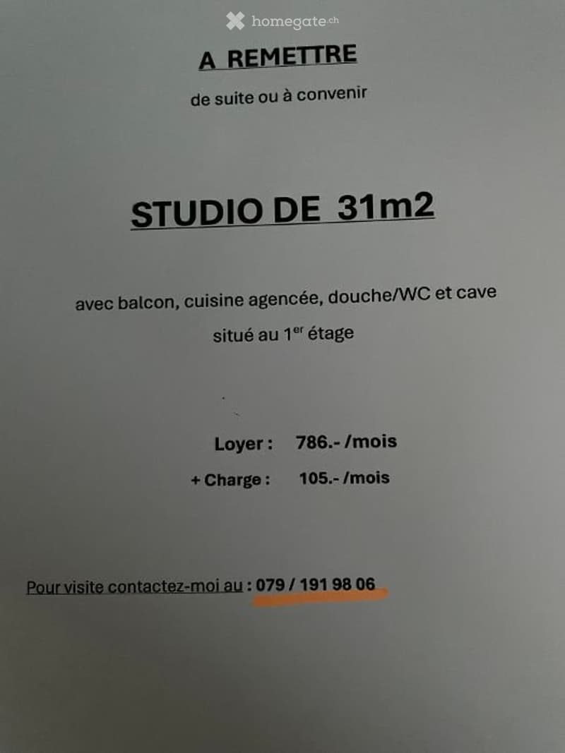 A remettre de suite ou à convenir un Studio de 31m2 (2)