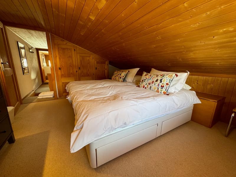 bedroom, wooden ceiling, bed, bedside cabinet, carpet floor