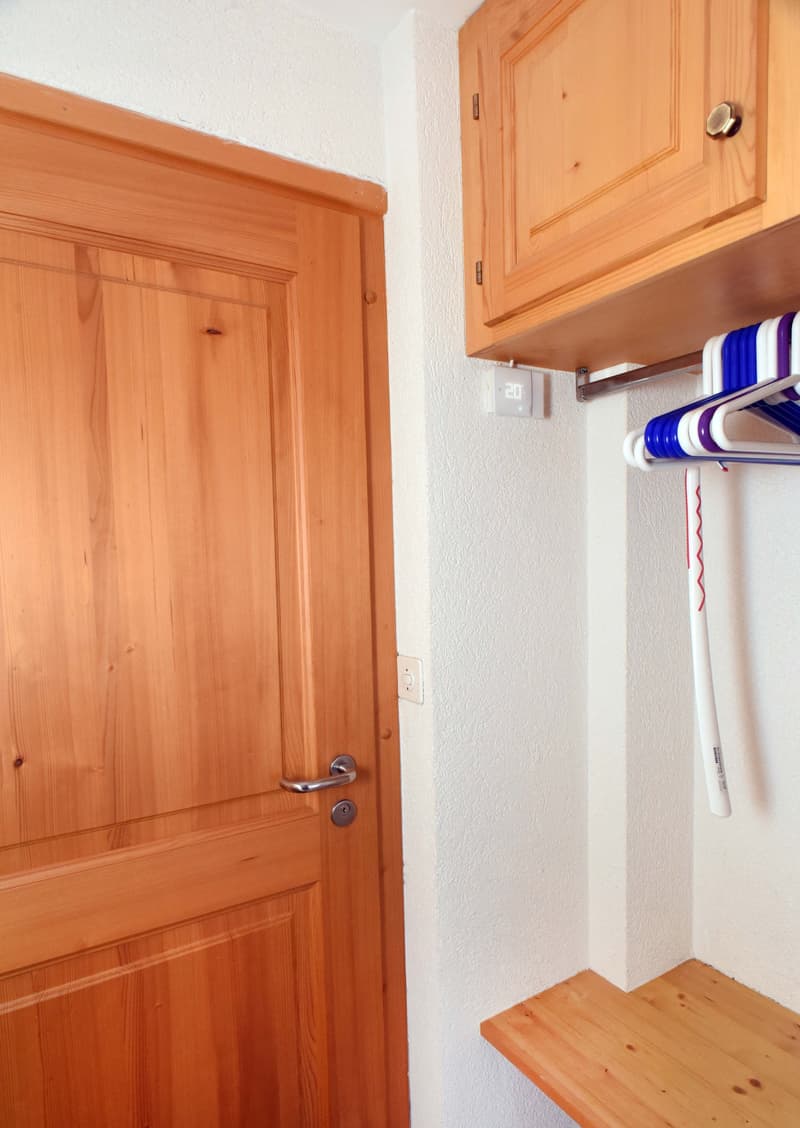 wooden door, wooden wardrobe, wall-mounted electrical outlet, wooden shelf