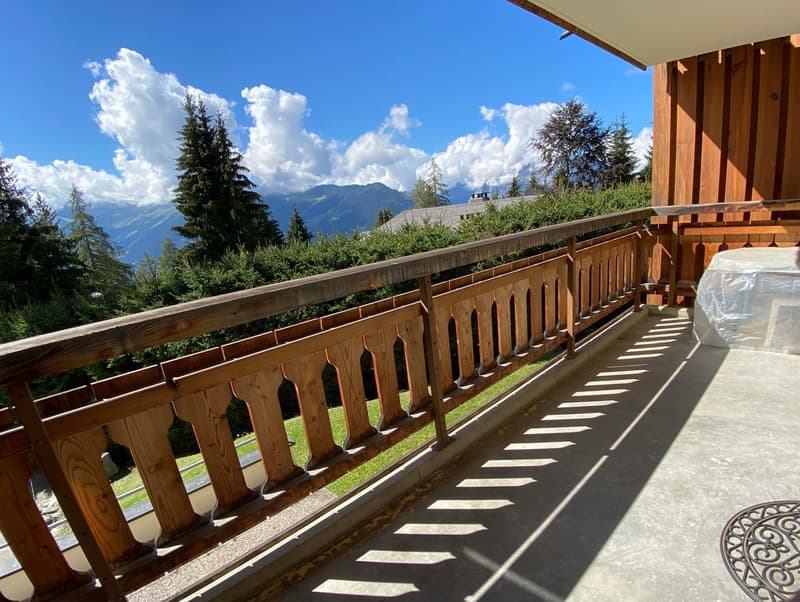 balcony with wooden railings, mountain view, plastic cover on the right side