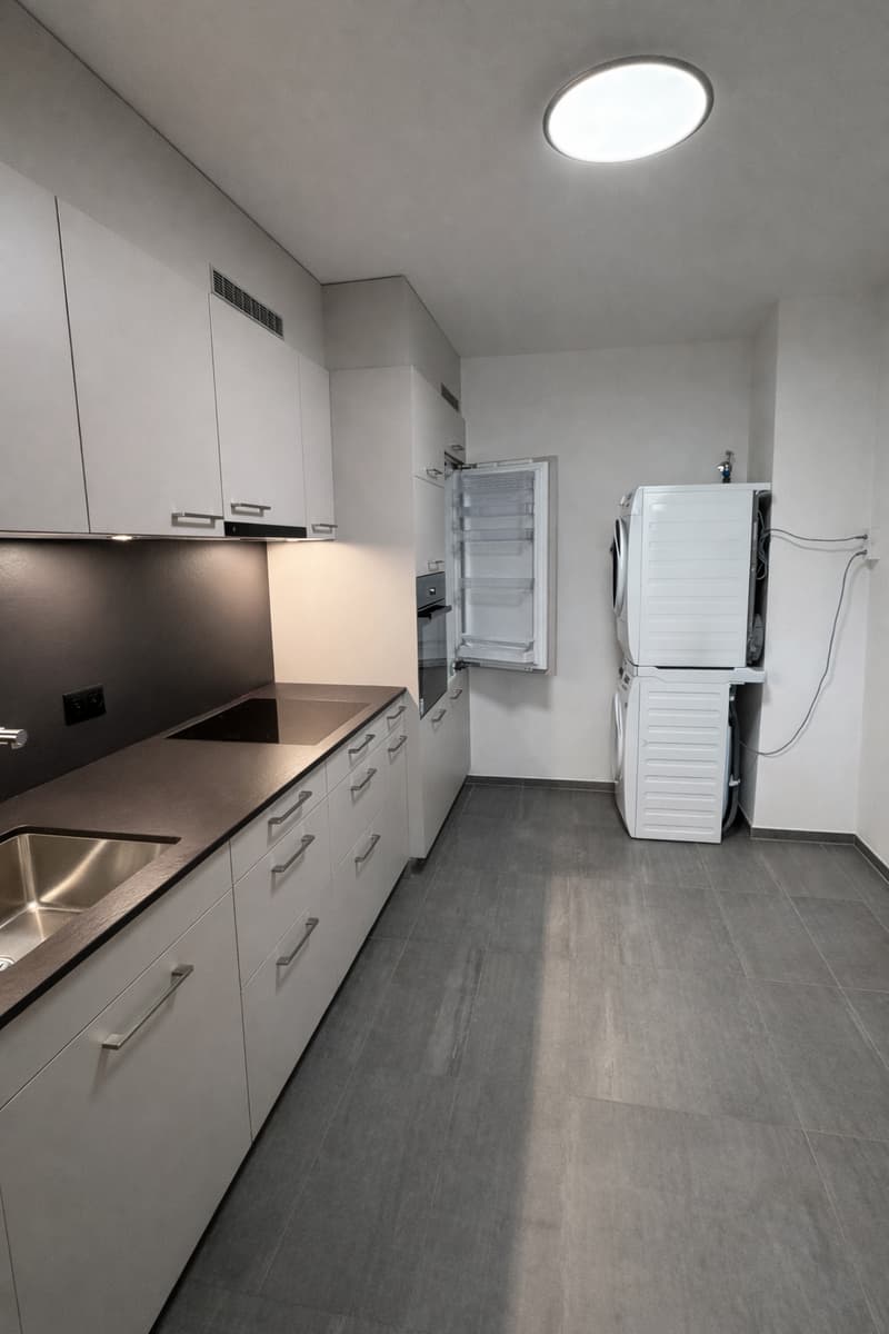 modern kitchen with appliances and cabinets, stainless steel countertop, round ceiling light, black flooring