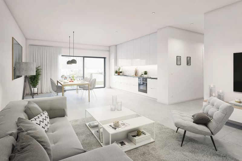 modern living room with white furniture, gray carpet, white coffee table, gray sofa, white armchair, dining table, kitchen with white cabinets, modern decor