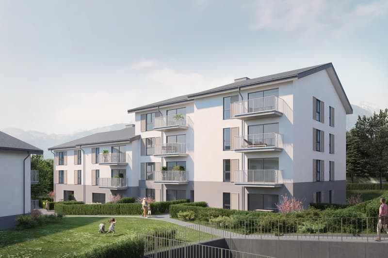 3 story apartment building, modern design, multiple balconies, lush garden area, scenic background