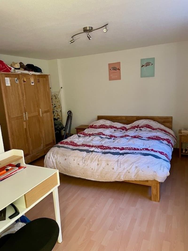 Single bedroom with bed, wardrobe, wooden desk, bedspread and ceiling lights