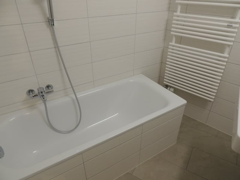 white bathtub, showerhead, shower wall rack, tiles, white wall, white floor