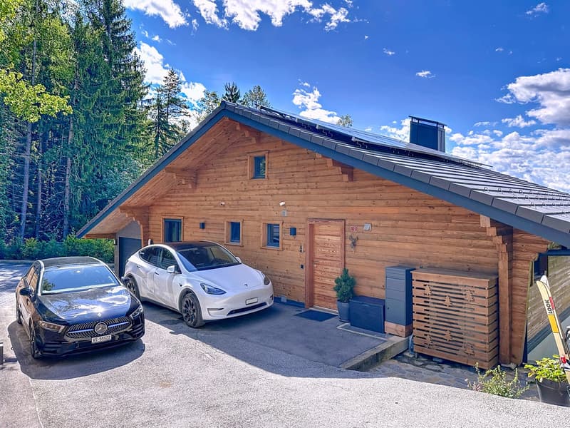 Detached wooden chalet, solar panels, garage, cars parked