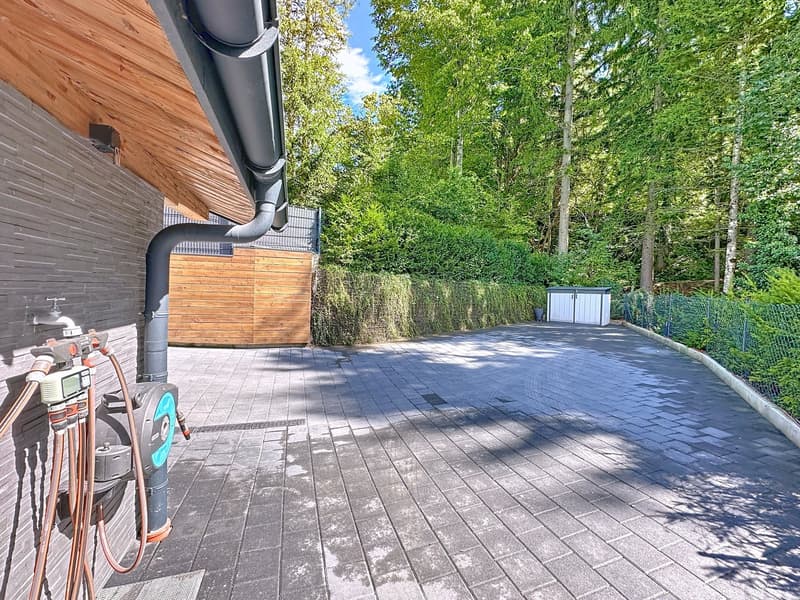 Cobblestone driveway, wooden gate, storage shed, garden hose, and a shed