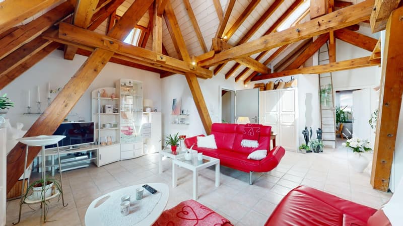 modern interior, wooden beams, white floor, modern red leather couch, white coffee tables, TV on the desk
