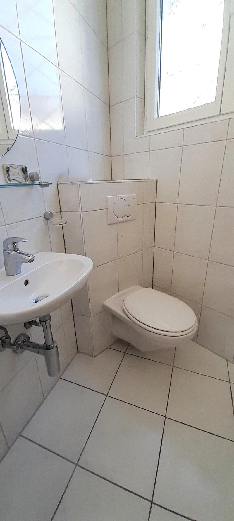 small bathroom with shower, toilet, sink, mirror