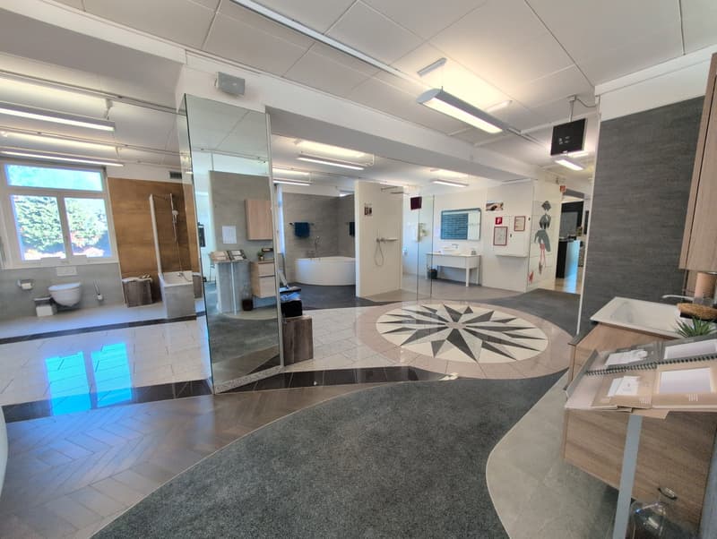 modern design, tiled floor, shower, bathtub, sinks, glass walls, decorative items