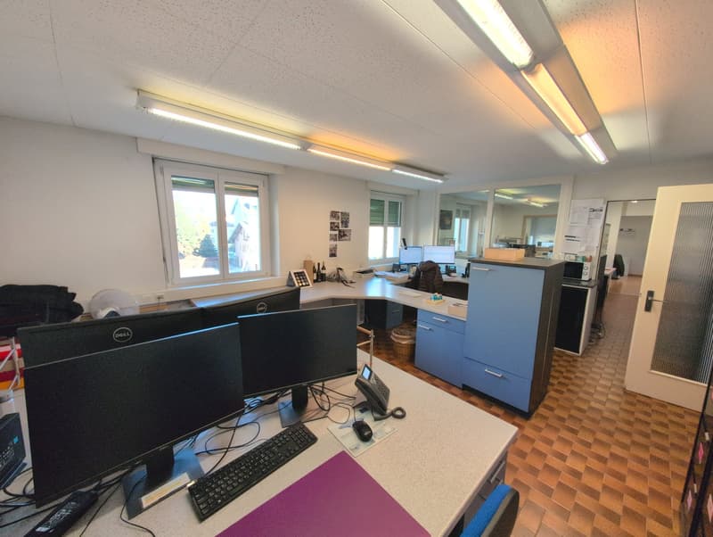 Office room: monitor, keyboard, mouse, computer on desk, window, office furniture, mirrors on wall