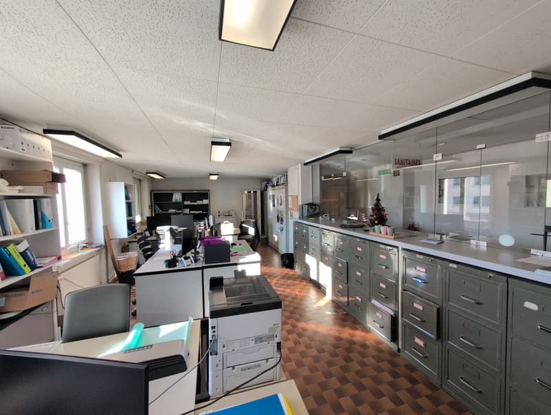 Desks, shelves, chairs, printers, light fixtures