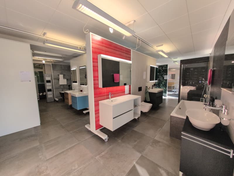 modern bathroom, grey tiles, white and blue sinks, modern fixtures, large mirror, two toilets, bathtub