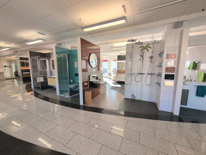 White tile floor, modern shower area with fixtures, open glass shower door, bathroom sink with mirror, wall-mounted towel holders, decorative plants, bright lighting.