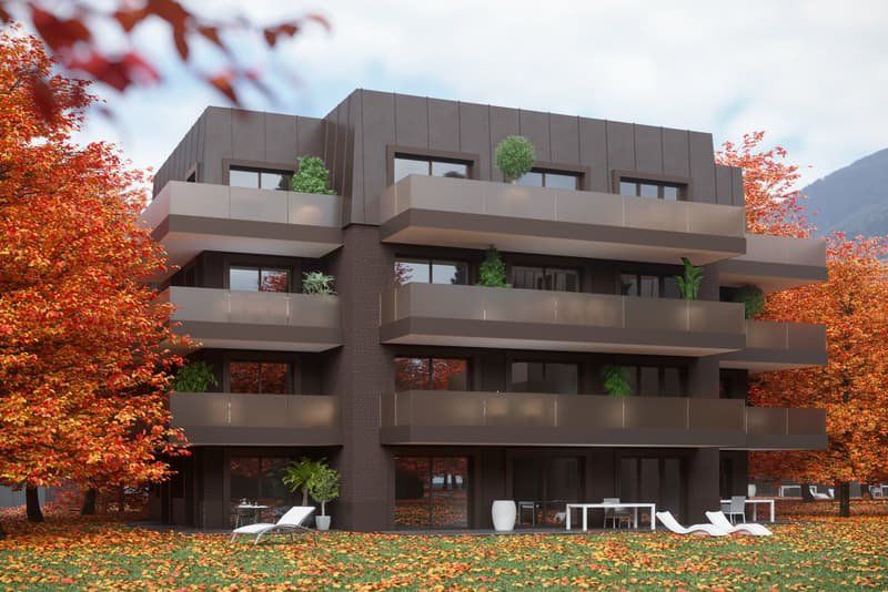 Brown modern apartment building with multiple balconies and terrace, multiple floors