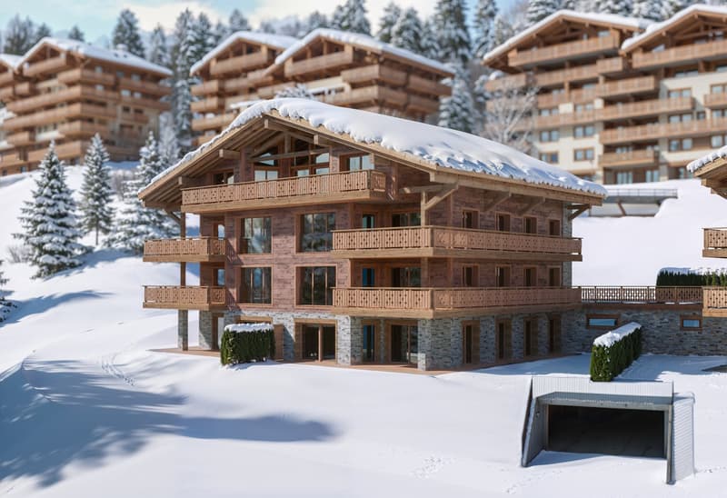 Multiple story ski lodge, snow on the roof, multiple balconies