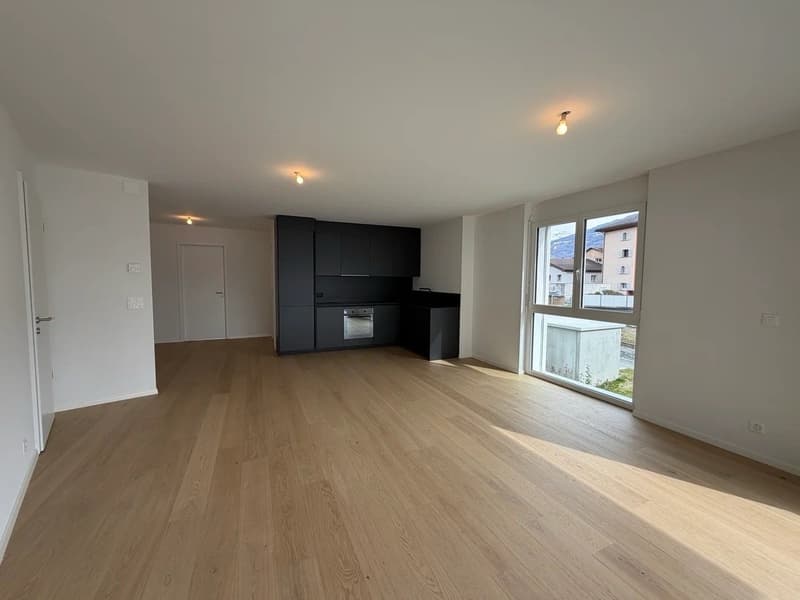Empty room with wooden floor, white walls, black cabinets, large window, and ceiling lights.