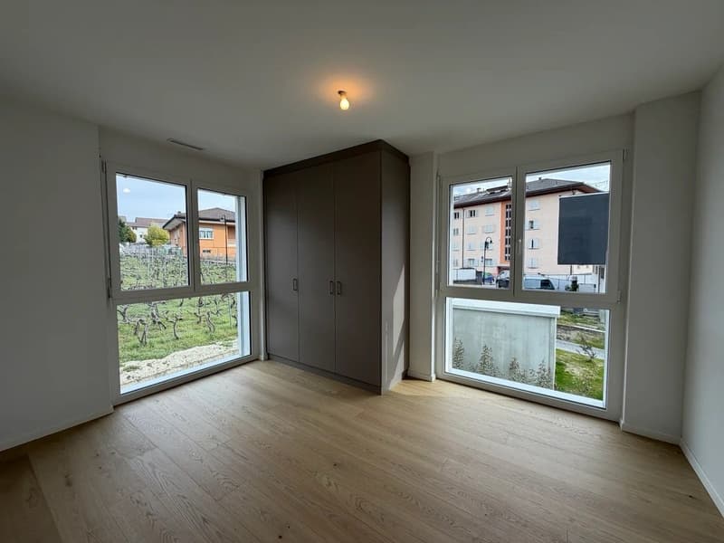 empty room, wooden floor, large windows, built-in wardrobe, view of the outside