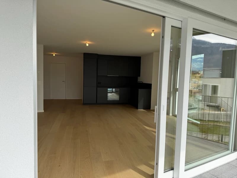 empty room, wooden floor, sliding glass doors, balcony, kitchen with black cabinets, white walls, ceiling lights