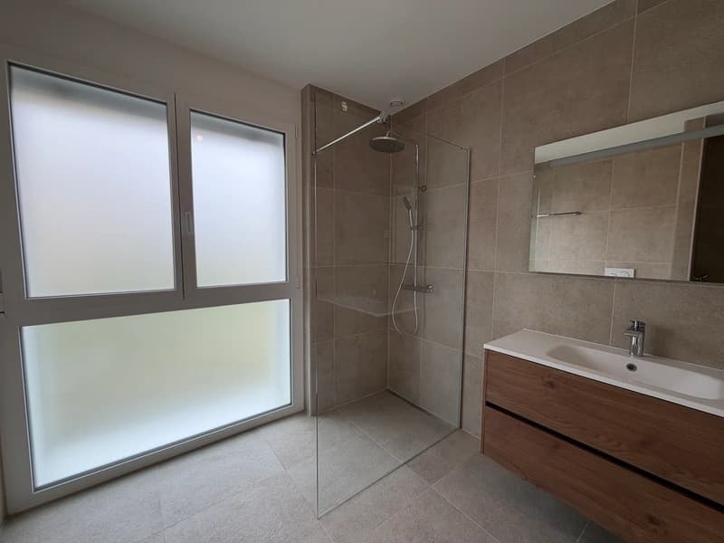 Bathroom with glass shower, wooden cabinet, white sink, mirror, tiled floor, and large windows