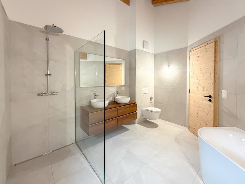 modern, spacious bathroom with shower, vanity with two sinks, wooden door, bathtub, toilet, mirrors