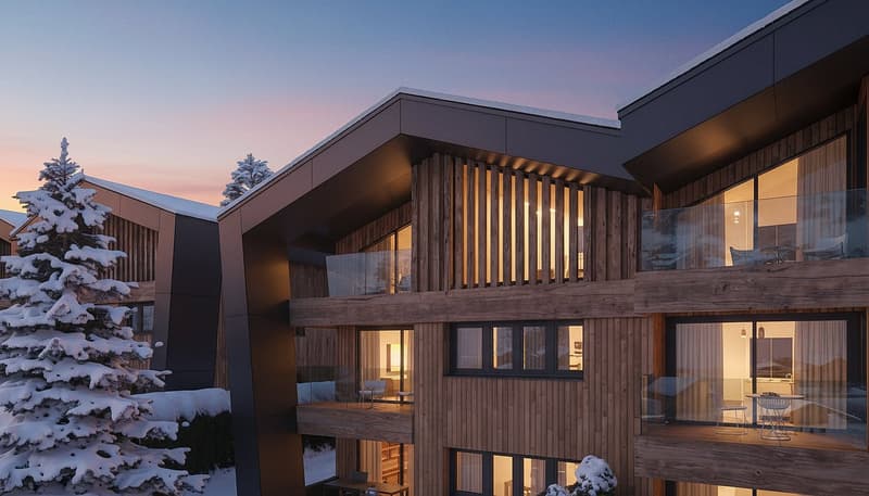 Modern building, wooden exterior, balconies, large glass windows, snow on the ground, snow covered trees