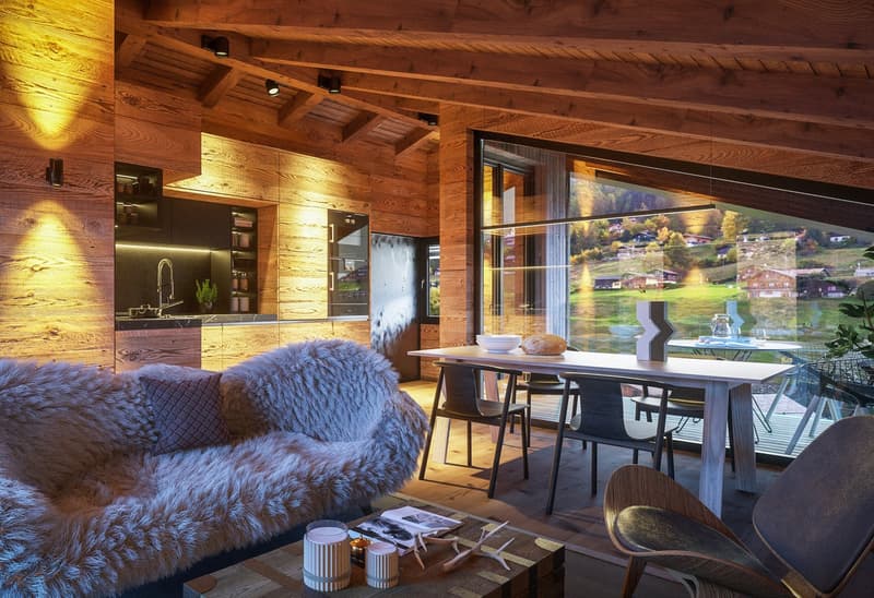 open plan living area with couch, dining table, and modern kitchen, large glass windows with a view