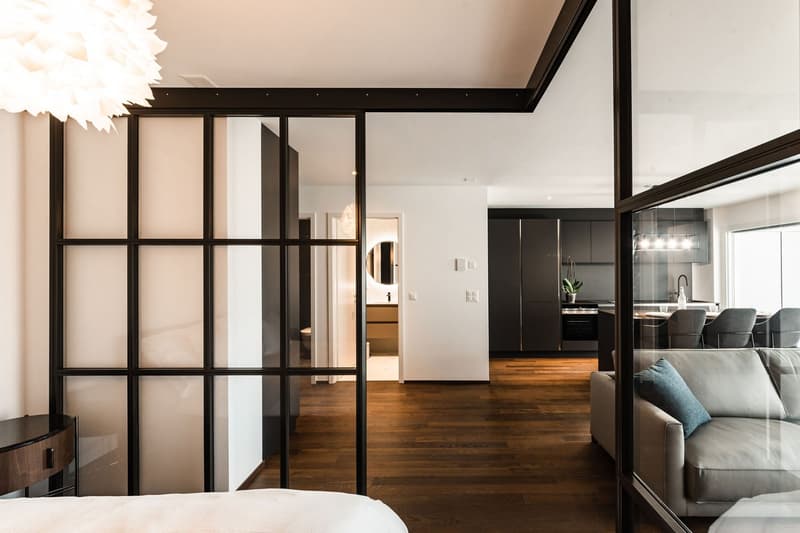 modern interior, wooden floor, glass walls, white walls, large windows, couch, table, chairs, kitchen, sink, faucet, cabinet, mirror, toilet
