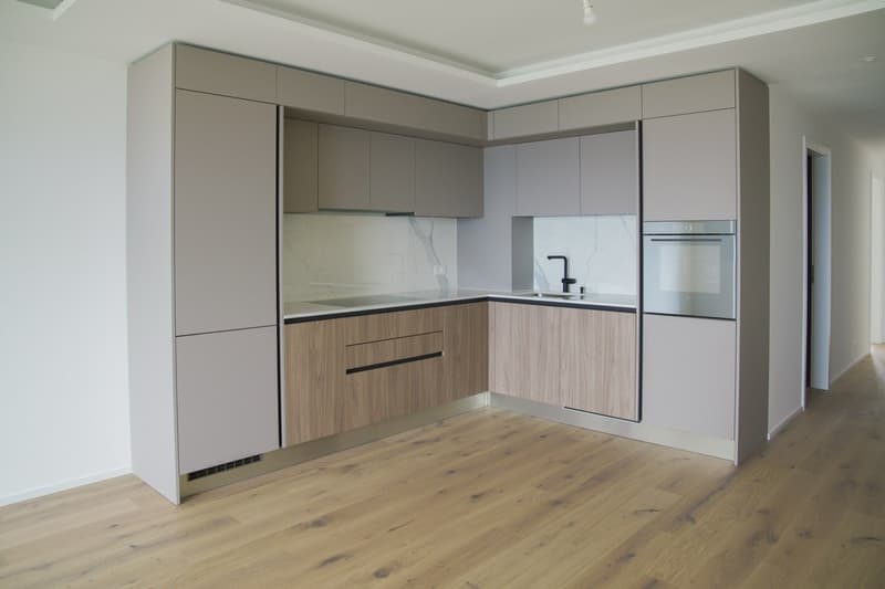 modern kitchen with wooden cabinets, marble countertop, stainless steel sink, dishwasher, oven