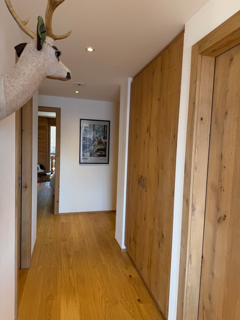 wooden floor, wooden doors, picture frame, deer head decoration