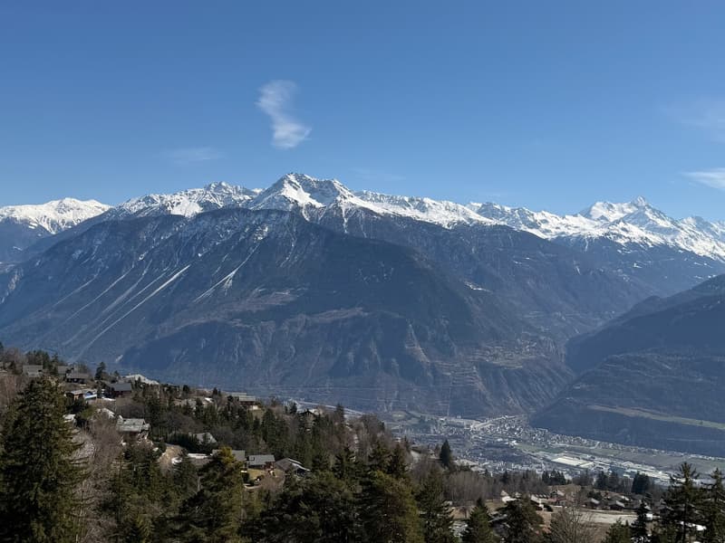 Snow-capped mountains, valley, houses, trees, clear blue sky